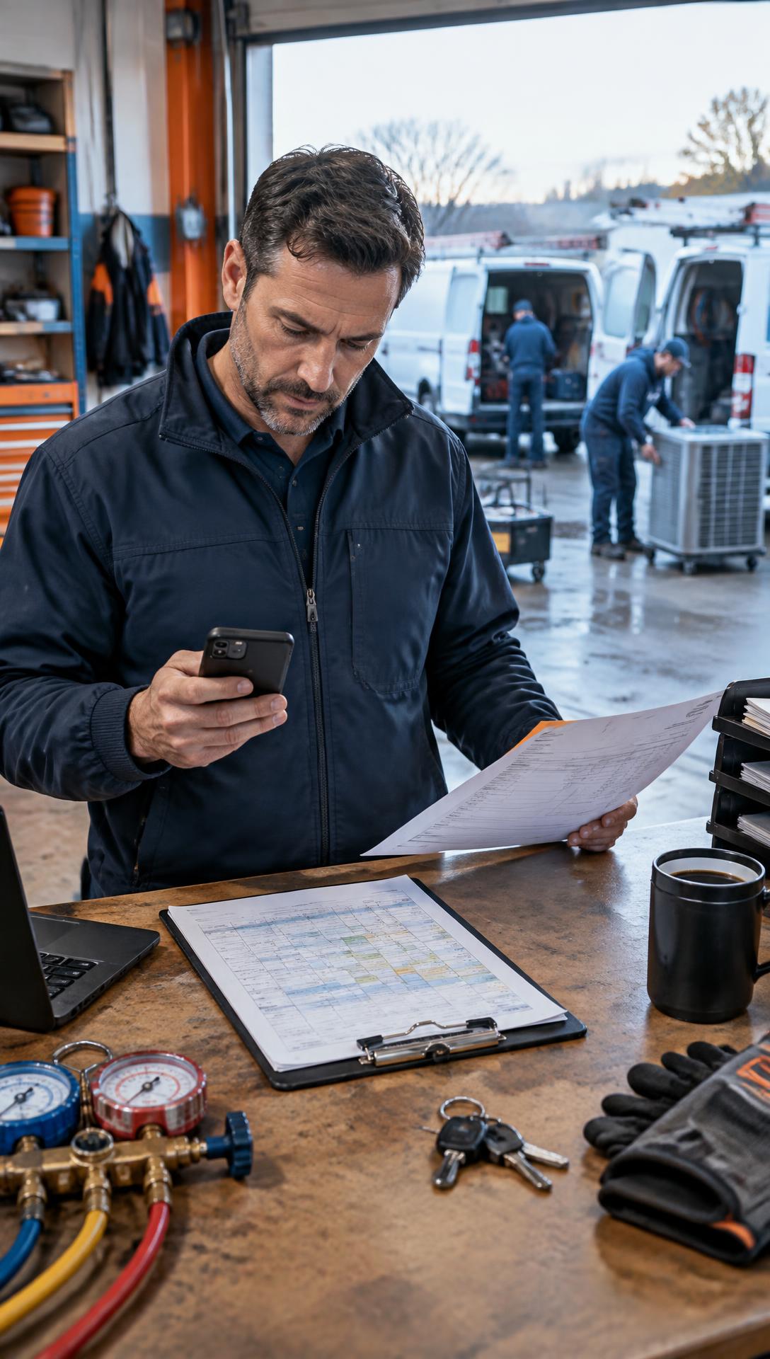 Contractor reviewing job paperwork
