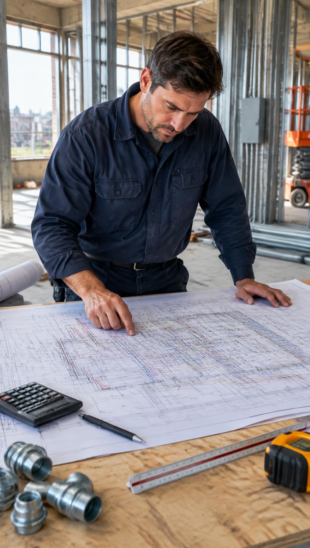 Electrical contractor reviewing a blueprint